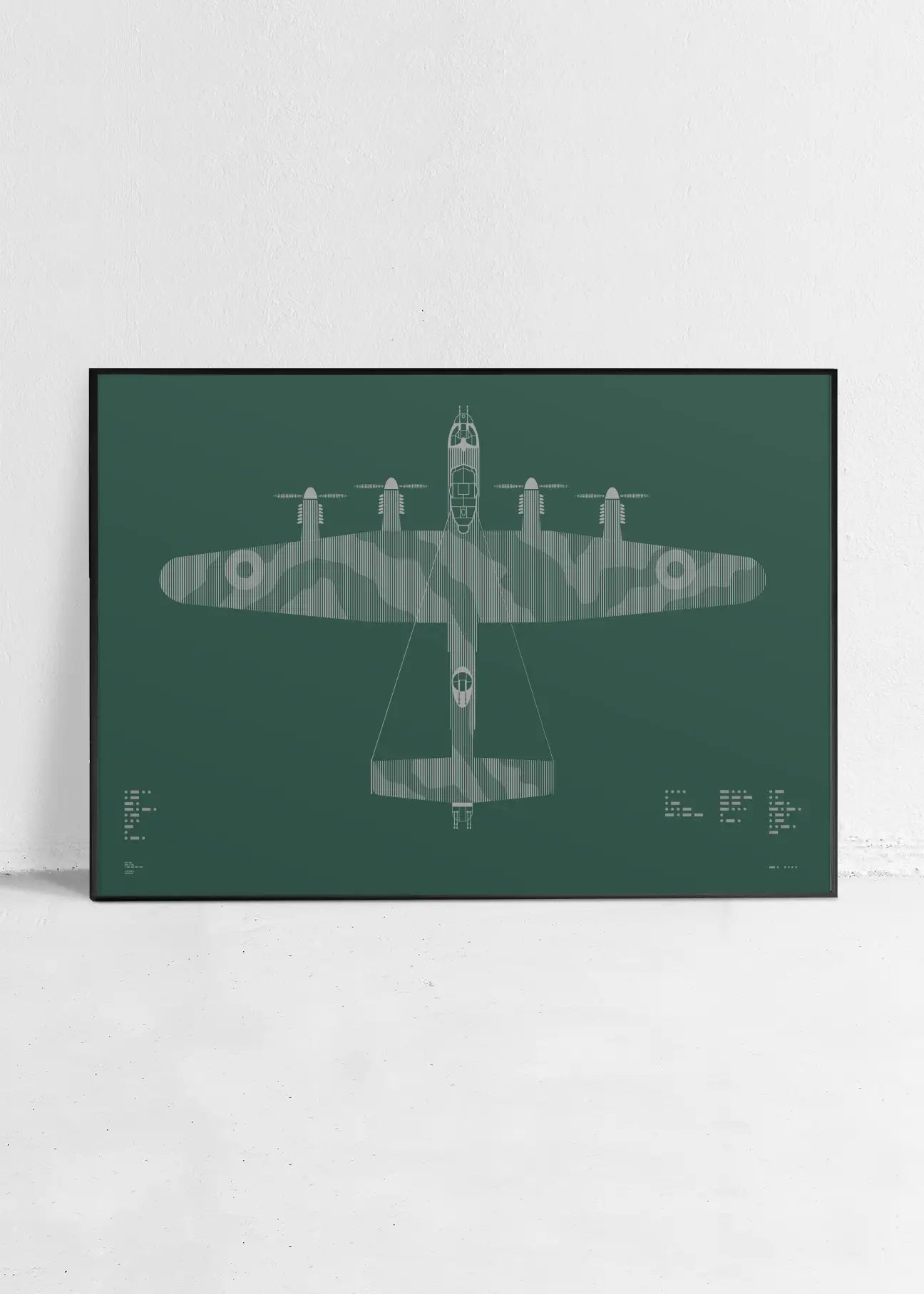 Minimalist artwork of the Lancaster, featuring bold graphic lines and Morse code typography. Screenprinted in metallic silver ink on premium Plike paper, displayed unframed in a modern home office setting.