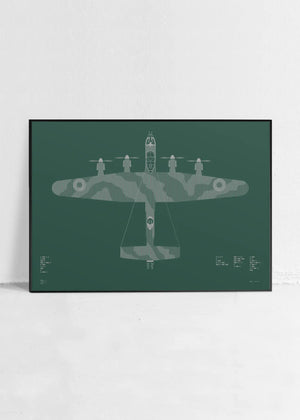 Minimalist artwork of the Lancaster, featuring bold graphic lines and Morse code typography. Screenprinted in metallic silver ink on premium Plike paper, displayed unframed in a modern home office setting.