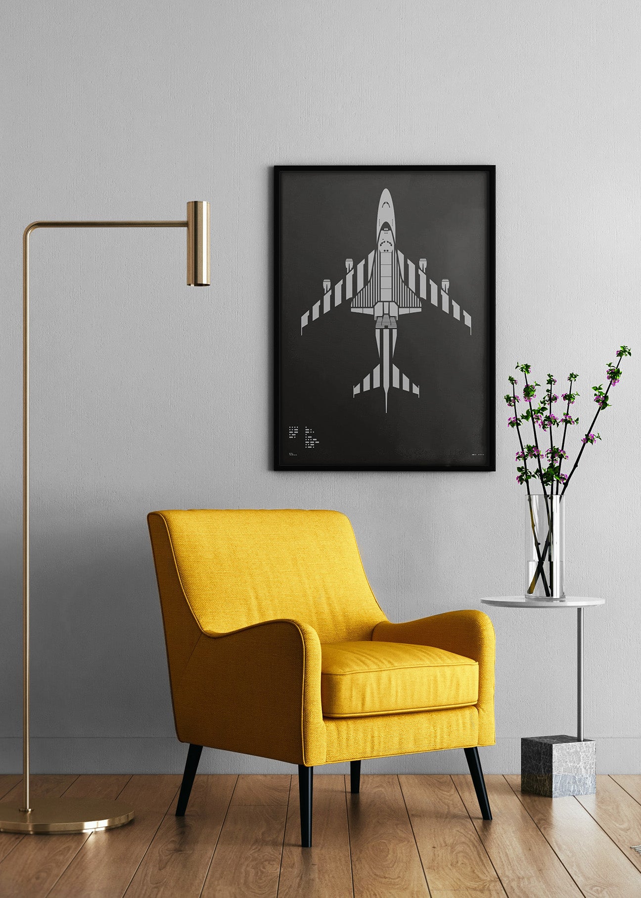 Minimalist artwork of NASA 905 Shuttle Carrier Aircraft, featuring bold graphic lines and Morse code typography. Screenprinted using metallic silver ink on premium Plike paper, displayed unframed in a modern home office setting.