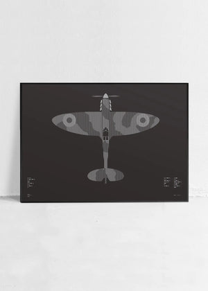 Minimalist artwork of the Spitfire aircraft, featuring bold graphic lines and Morse code typography. Screenprinted in metallic silver ink on premium Plike paper, displayed unframed in a modern home office setting.