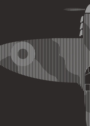 Minimalist artwork of the Spitfire aircraft, featuring bold graphic lines and Morse code typography. Screenprinted in metallic silver ink on premium Plike paper, displayed unframed in a modern home office setting.