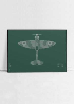 Minimalist artwork of the Spitfire aircraft, featuring bold graphic lines and Morse code typography. Screenprinted in metallic silver ink on premium Plike paper, displayed unframed in a modern home office setting.