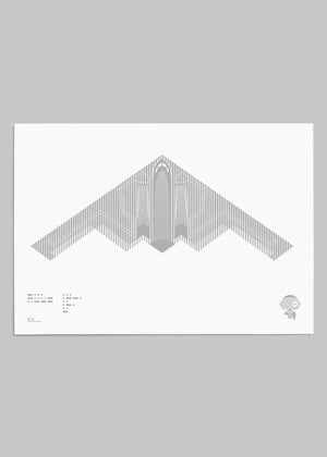 Digital foil aircraft print of the B-2 Spirit stealth bomber, rendered in matt silver foil on white digital paper, with bold aerodynamic lines. Frame not included.