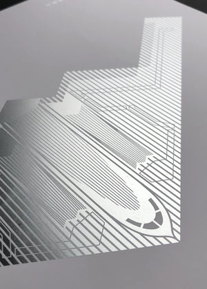 Digital foil aircraft print of the B-2 Spirit stealth bomber, rendered in matt silver foil on white digital paper, with bold aerodynamic lines. Frame not included.