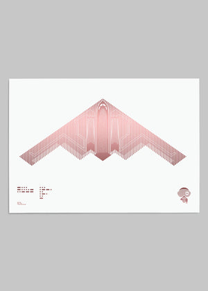 Digital foil aircraft print of the B-2 Spirit stealth bomber, rendered in rose gold foil on digital paper, showcasing its iconic flying wing design. Frame not included.