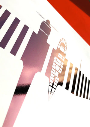 Digital foil aircraft print of the Blohm & Voss BV 141 reconnaissance aircraft, rendered in rose gold foil on digital paper, showcasing its rare asymmetrical design. Frame not included.
