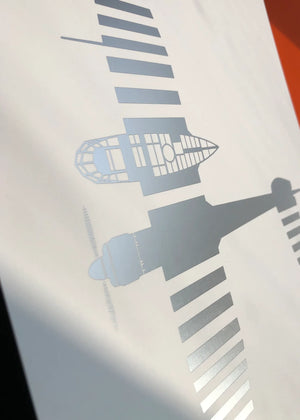Digital foil aircraft print of the Blohm & Voss BV 141 reconnaissance aircraft, rendered in matt silver foil on white digital paper, with bold asymmetrical lines. Frame not included.