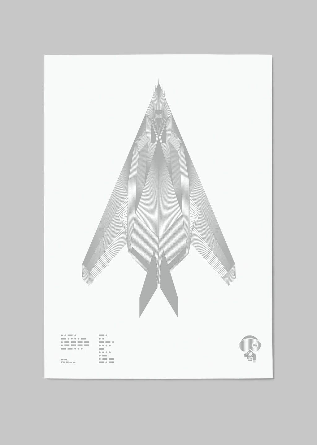 Digital foil print of the F-117 Nighthawk stealth attack aircraft, rendered in matt silver foil on white digital paper, with bold angular lines. Frame not included.