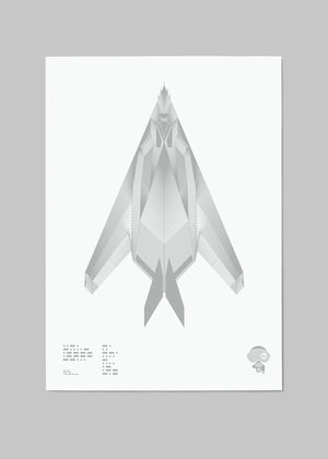 Digital foil print of the F-117 Nighthawk stealth attack aircraft, rendered in matt silver foil on white digital paper, with bold angular lines. Frame not included.