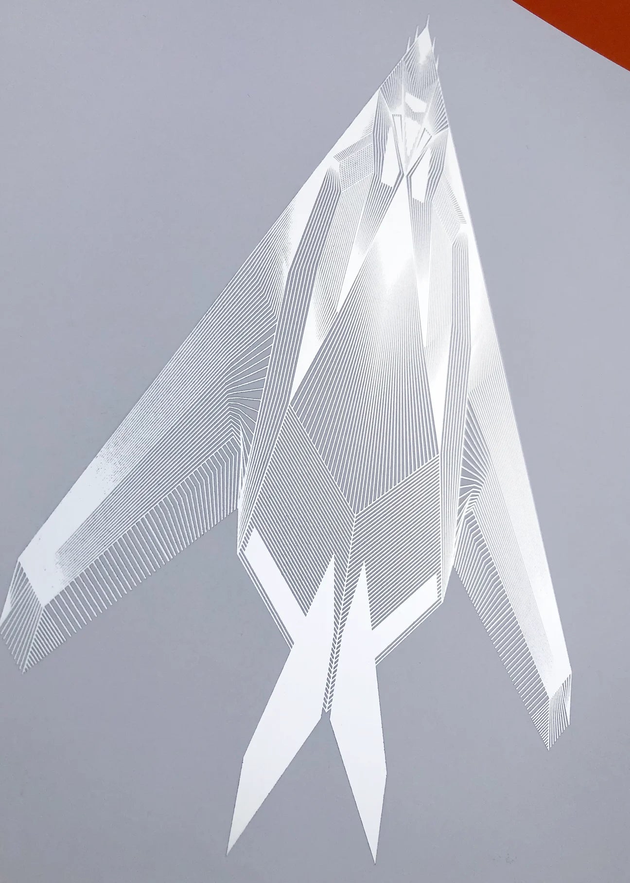 Digital foil print of the F-117 Nighthawk stealth attack aircraft, rendered in matt silver foil on white digital paper, with bold angular lines. Frame not included.