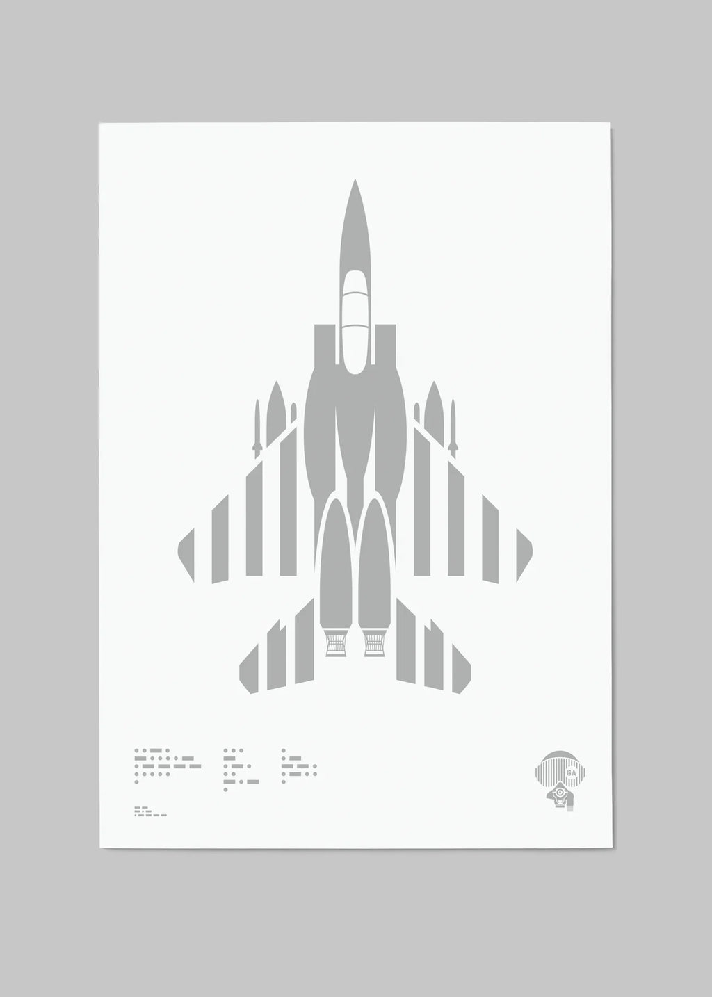 Digital foil print of the F-15E Strike Eagle fighter jet, rendered in matt silver foil on white digital paper, with bold aerodynamic lines. Frame not included.