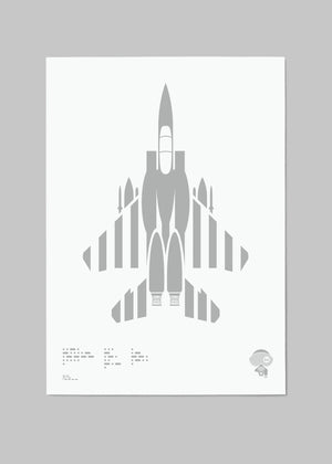 Digital foil print of the F-15E Strike Eagle fighter jet, rendered in matt silver foil on white digital paper, with bold aerodynamic lines. Frame not included.