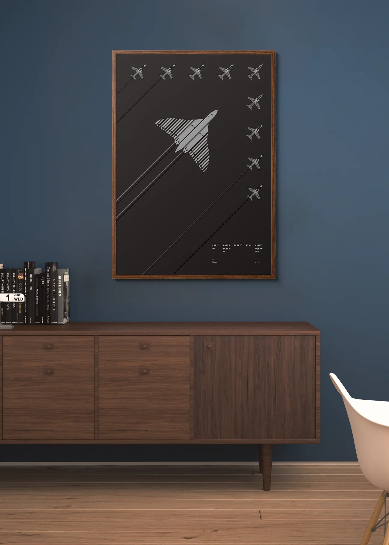 Screenprint of the Avro Vulcan’s final flight led by the Red Arrows in V formation, rendered in metallic silver ink on black, red, or royal blue Plike paper, showcasing bold graphic lines. Frame not included.