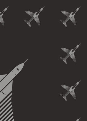 Screenprint of the Avro Vulcan’s final flight led by the Red Arrows in V formation, rendered in metallic silver ink on black, red, or royal blue Plike paper, showcasing bold graphic lines. Frame not included.