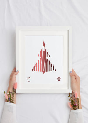 Digital foil aircraft print of the Saab 37 Viggen fighter jet, rendered in rose gold foil on white digital paper, with bold aerodynamic lines. Frame not included.