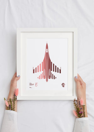 Digital foil aircraft print of the Su-27 Flanker air superiority fighter, rendered in rose gold foil on white digital paper, with bold aerodynamic lines. Frame not included.