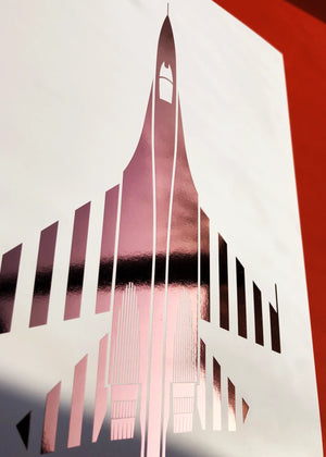 Digital foil aircraft print of the Su-27 Flanker air superiority fighter, rendered in rose gold foil on white digital paper, with bold aerodynamic lines. Frame not included.