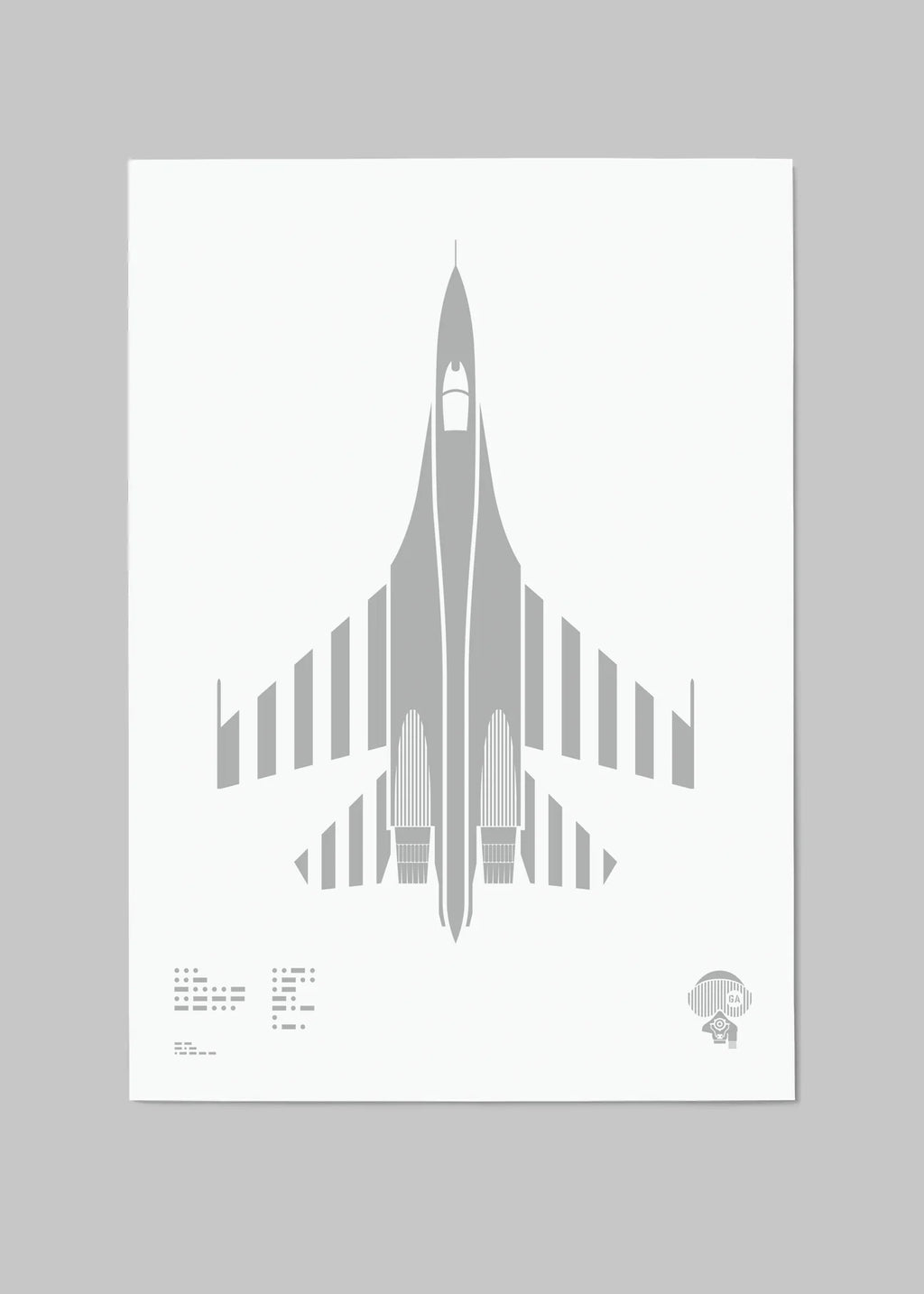 Digital foil aircraft print of the Su-27 Flanker fighter jet, rendered in matt silver foil on white digital paper, with bold aerodynamic lines. Frame not included.