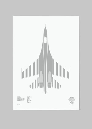 Digital foil aircraft print of the Su-27 Flanker fighter jet, rendered in matt silver foil on white digital paper, with bold aerodynamic lines. Frame not included.