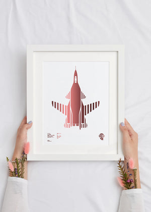 Digital foil print of the Su-47 Berkut experimental fighter jet, rendered in rose gold foil on premium white digital paper, with bold aerodynamic lines. Frame not included.