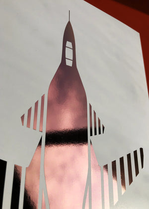 Digital foil print of the Su-47 Berkut experimental fighter jet, rendered in rose gold foil on white digital paper, with bold aerodynamic lines. Frame not included.