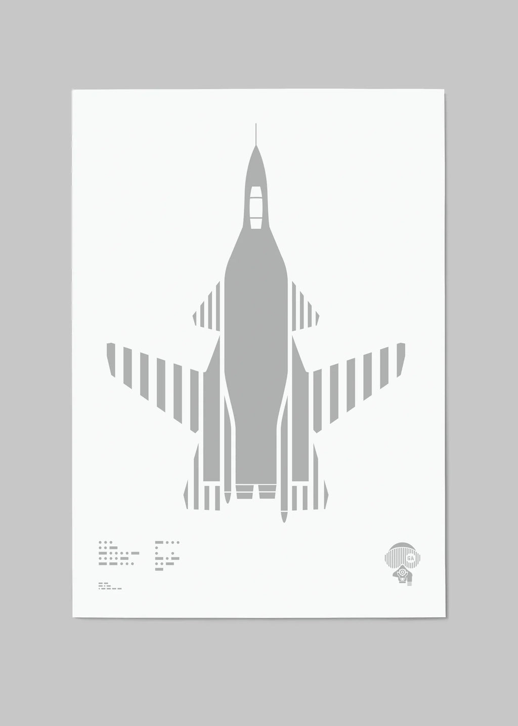 Digital foil aircraft print of the Su-47 Berkut fighter jet, rendered in matt silver foil on white digital paper, showcasing its futuristic forward-swept wings. Frame not included.