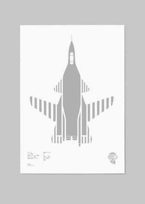 Digital foil aircraft print of the Su-47 Berkut fighter jet, rendered in matt silver foil on white digital paper, showcasing its futuristic forward-swept wings. Frame not included.