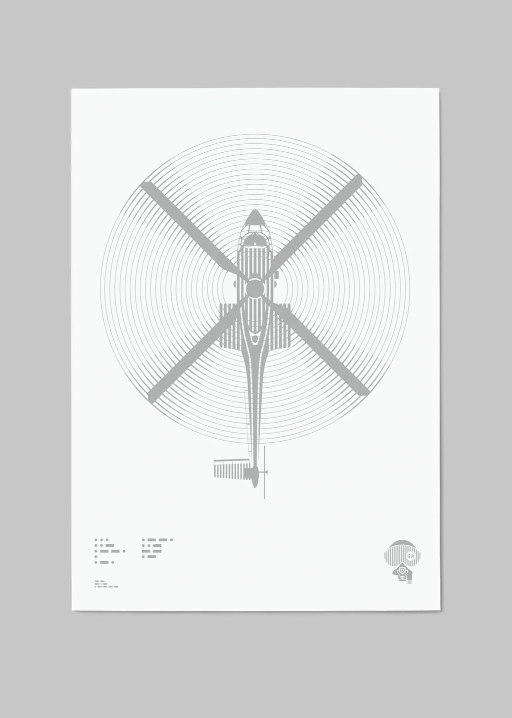 Digital foil print of the Super Puma helicopter, rendered in matt silver foil on white digital paper, with bold aerodynamic lines. Frame not included.