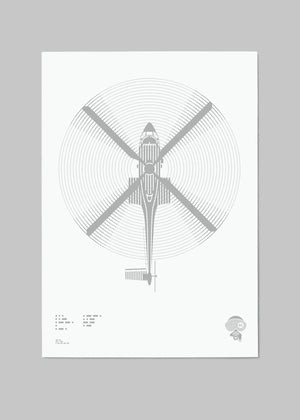 Digital foil print of the Super Puma helicopter, rendered in matt silver foil on white digital paper, with bold aerodynamic lines. Frame not included.