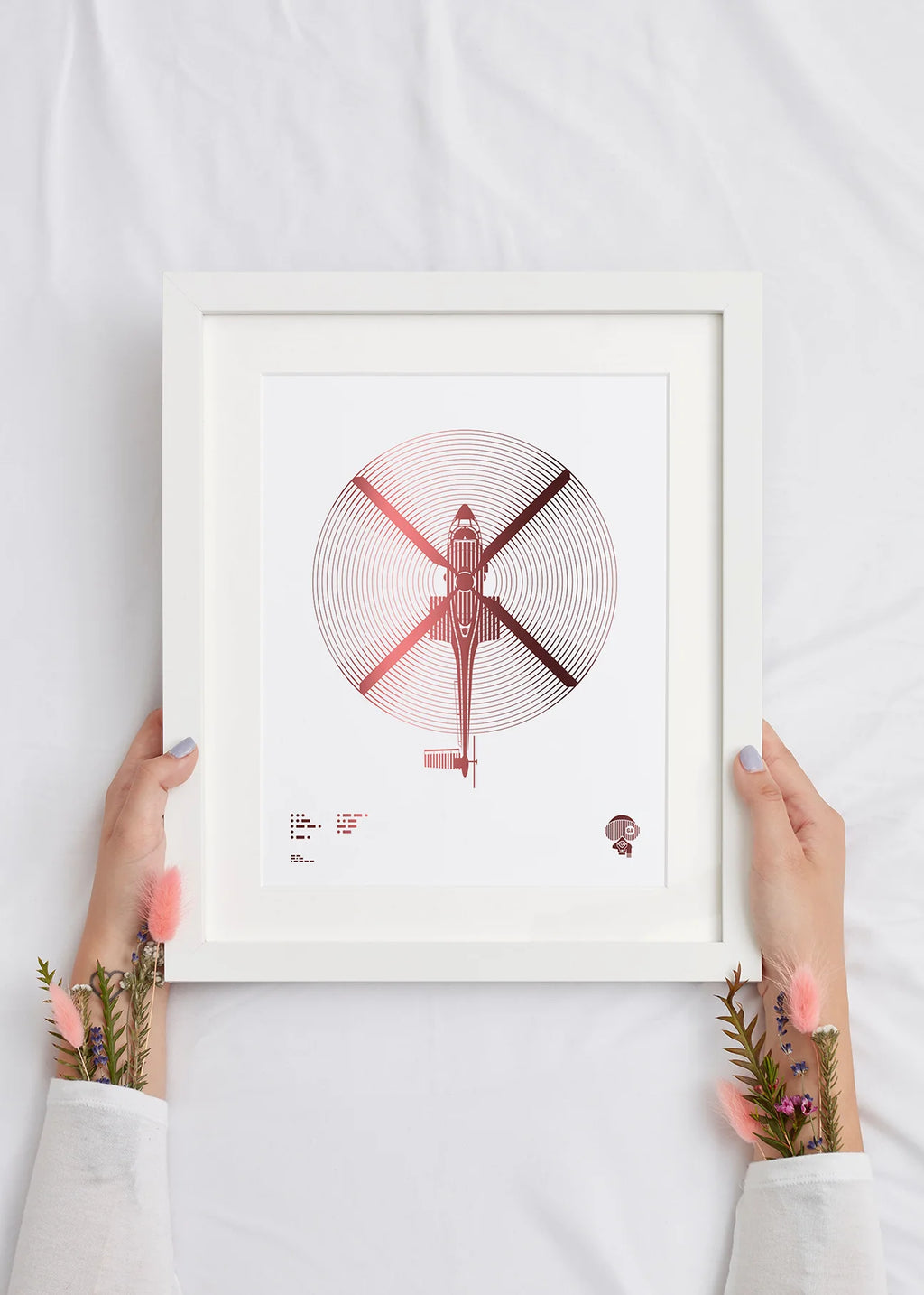 Digital foil aircraft print of the Super Puma multi-role helicopter, rendered in rose gold foil on white digital paper, with bold, precision detailing. Frame not included.