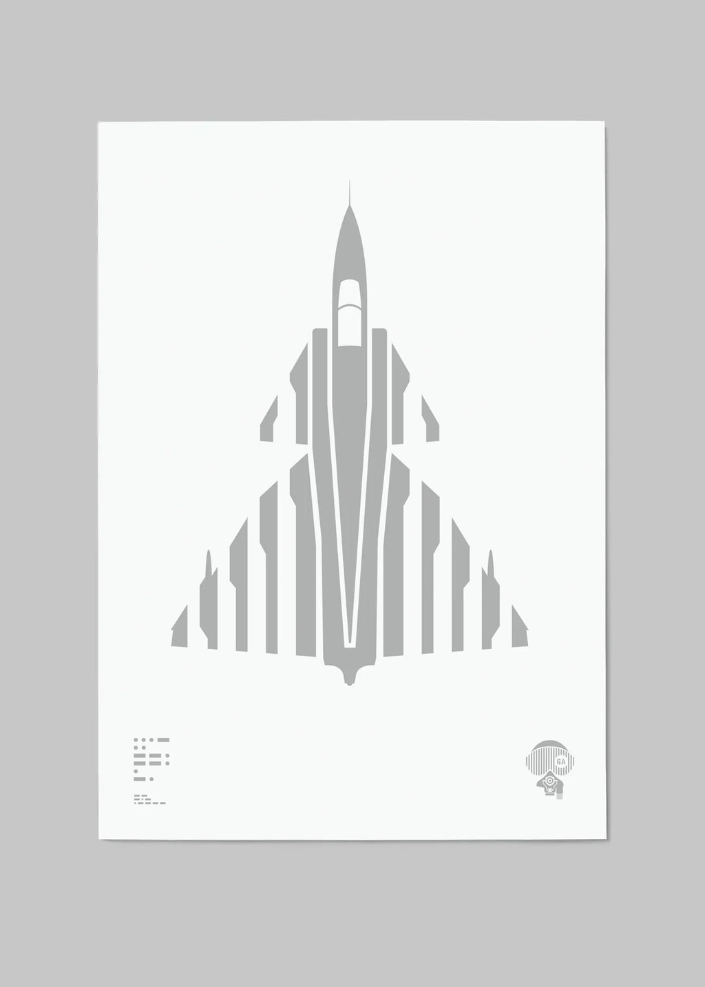 Digital foil aircraft print of the Saab 37 Viggen fighter jet, rendered in matt silver foil on white digital paper, showcasing its delta wings and powerful engine design. Frame not included.