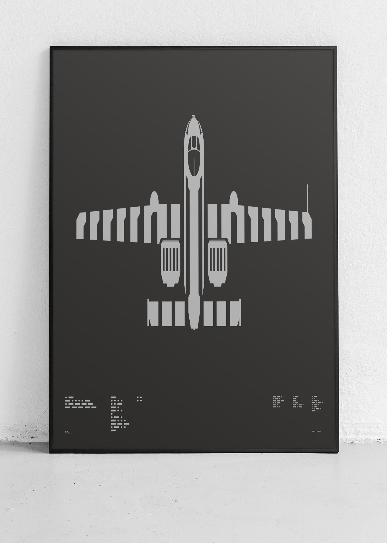 Screenprint of the A-10 Thunderbolt II, also known as the "Warthog," featuring its iconic silhouette rendered in metallic silver ink on premium black Plike paper. The minimalist design highlights the aircraft's twin engines, high-mounted wings, and legendary status in military aviation, with Morse code typography connecting to its rich history. Frame not included.