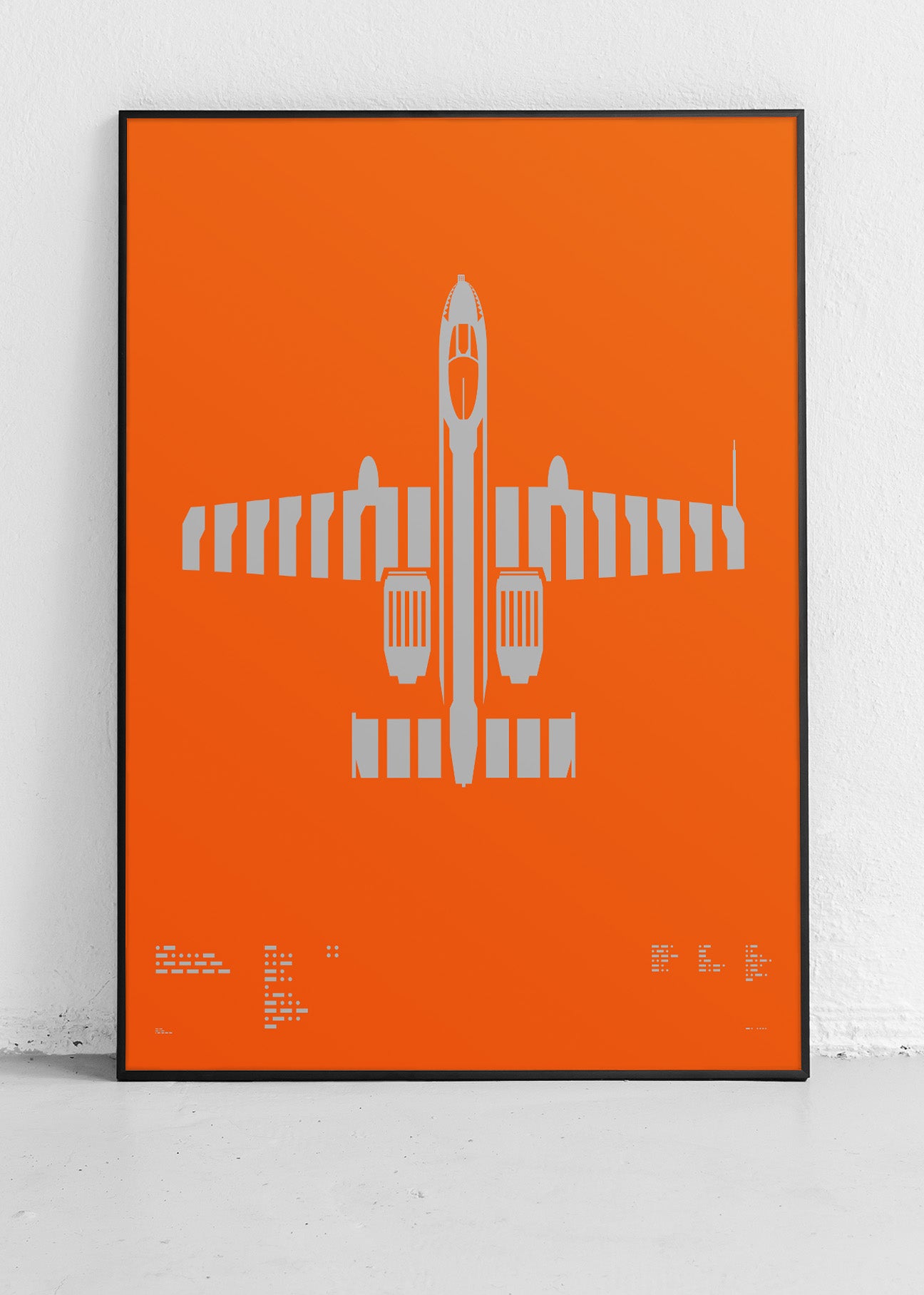 Screenprint of the A-10 Thunderbolt II, also known as the "Warthog," featuring its iconic silhouette rendered in metallic silver ink on premium black Plike paper. The minimalist design highlights the aircraft's twin engines, high-mounted wings, and legendary status in military aviation, with Morse code typography connecting to its rich history. Frame not included.