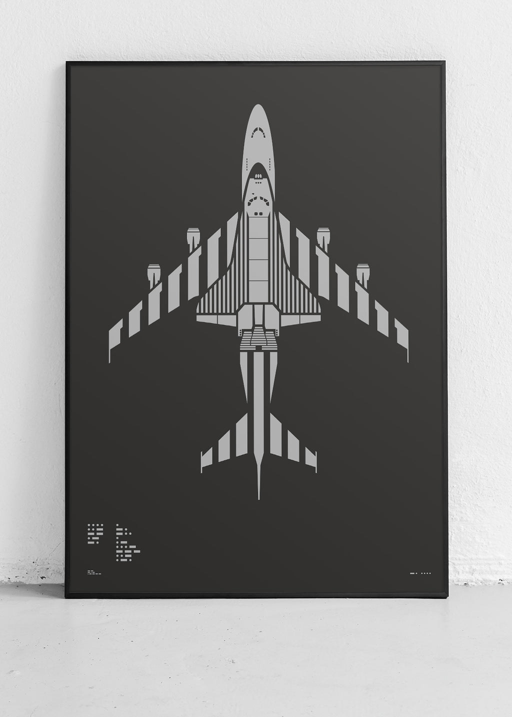 Minimalist artwork of NASA 905 Shuttle Carrier Aircraft, featuring bold graphic lines and Morse code typography. Screenprinted using metallic silver ink on premium Plike paper, displayed unframed in a modern home office setting.