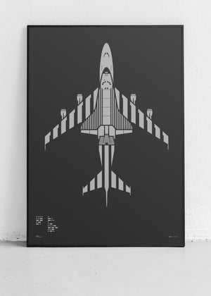 Minimalist artwork of NASA 905 Shuttle Carrier Aircraft, featuring bold graphic lines and Morse code typography. Screenprinted using metallic silver ink on premium Plike paper, displayed unframed in a modern home office setting.