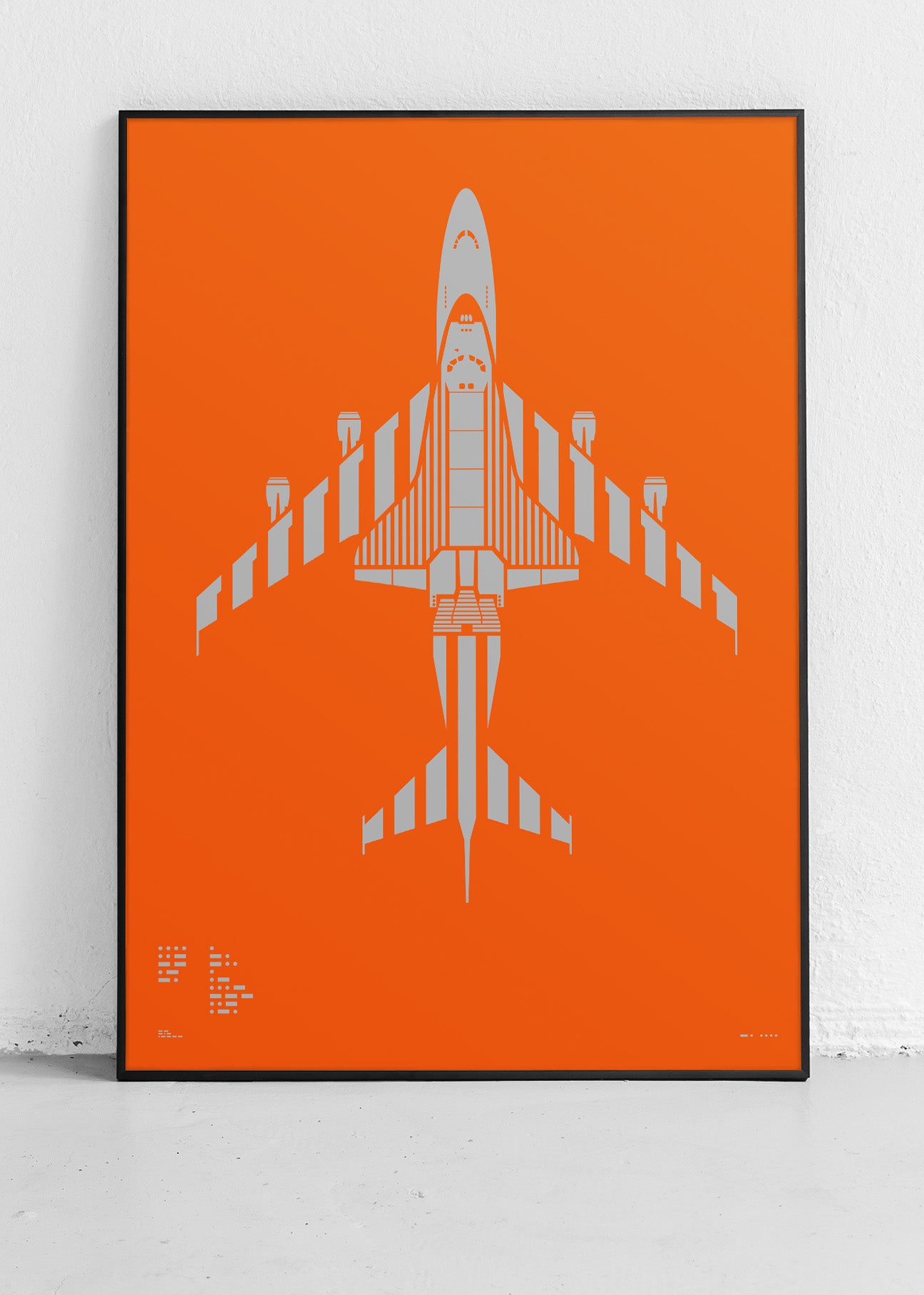 Minimalist artwork of NASA 905 Shuttle Carrier Aircraft, featuring bold graphic lines and Morse code typography. Screenprinted using metallic silver ink on premium Plike paper.