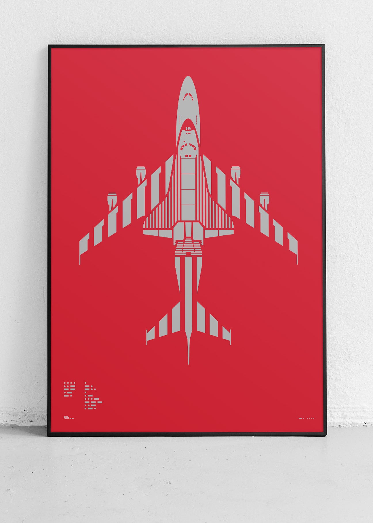 Minimalist artwork of NASA 905 Shuttle Carrier Aircraft, featuring bold graphic lines and Morse code typography. Screenprinted using metallic silver ink on premium Plike paper, displayed unframed in a modern home office setting.
