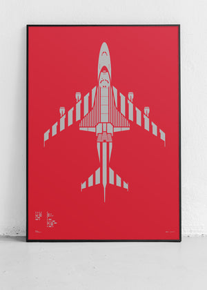 Minimalist artwork of NASA 905 Shuttle Carrier Aircraft, featuring bold graphic lines and Morse code typography. Screenprinted using metallic silver ink on premium Plike paper, displayed unframed in a modern home office setting.