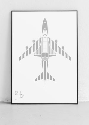 Minimalist artwork of NASA 905 Shuttle Carrier Aircraft, featuring bold graphic lines and Morse code typography. Screenprinted using metallic silver ink on premium Plike paper.