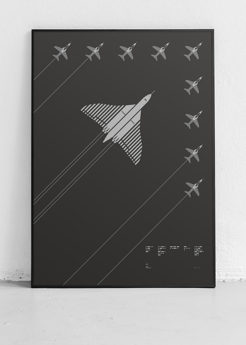 Screenprint of the Avro Vulcan’s final flight led by the Red Arrows in V formation, rendered in metallic silver ink on black, red, or royal blue Plike paper, showcasing bold graphic lines. Frame not included.