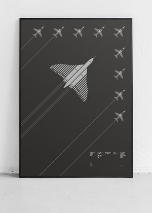 Screenprint of the Avro Vulcan’s final flight led by the Red Arrows in V formation, rendered in metallic silver ink on black, red, or royal blue Plike paper, showcasing bold graphic lines. Frame not included.
