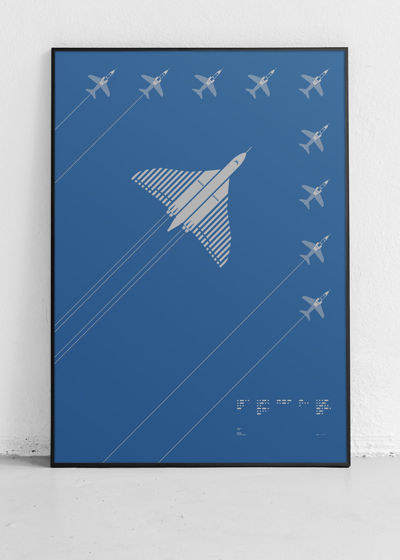 Screenprint of the Avro Vulcan’s final flight led by the Red Arrows in V formation, rendered in metallic silver ink on black, red, or royal blue Plike paper, showcasing bold graphic lines. Frame not included.