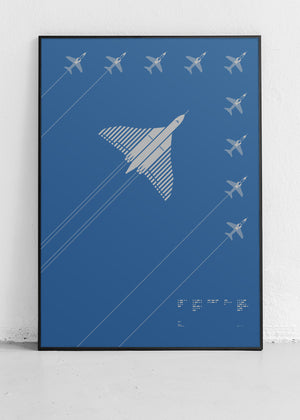 Screenprint of the Avro Vulcan’s final flight led by the Red Arrows in V formation, rendered in metallic silver ink on black, red, or royal blue Plike paper, showcasing bold graphic lines. Frame not included.