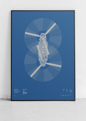 Screenprint of the CH-47 Chinook, rendered in metallic silver ink on premium Plike paper, showcasing bold graphic lines and minimalist design. Frame not included.