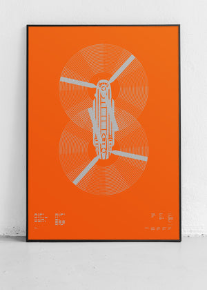 Screenprint of the CH-47 Chinook, rendered in metallic silver ink on premium Plike paper, showcasing bold graphic lines and minimalist design. Frame not included.